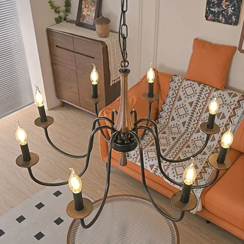 Nordic Retro Solid Wood & Wrought Iron Candle Chandelier – Art Deco Pendant Light