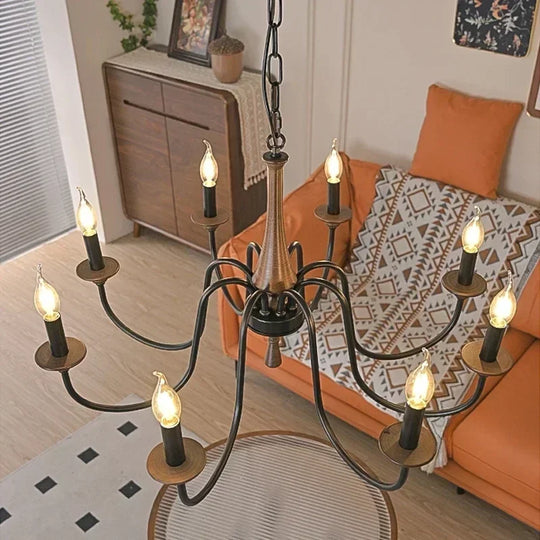 Nordic Retro Solid Wood & Wrought Iron Candle Chandelier – Art Deco Pendant Light