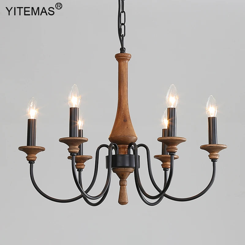 French Vintage Wooden Chandelier – Multi-Light Pendant for Living & Dining Rooms