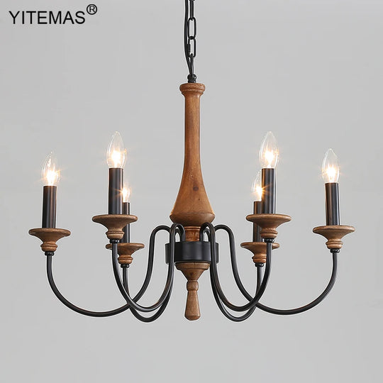 French Vintage Wooden Chandelier – Multi-Light Pendant for Living & Dining Rooms