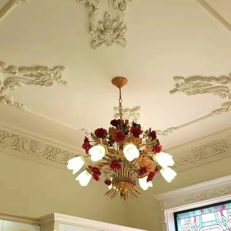 American Retro Glass Flower Chandelier for Living & Dining Room