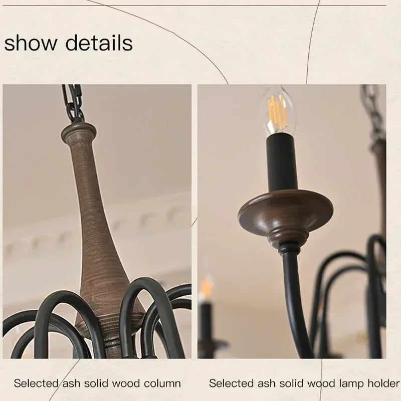 Nordic Retro Solid Wood & Wrought Iron Candle Chandelier – Art Deco Pendant Light