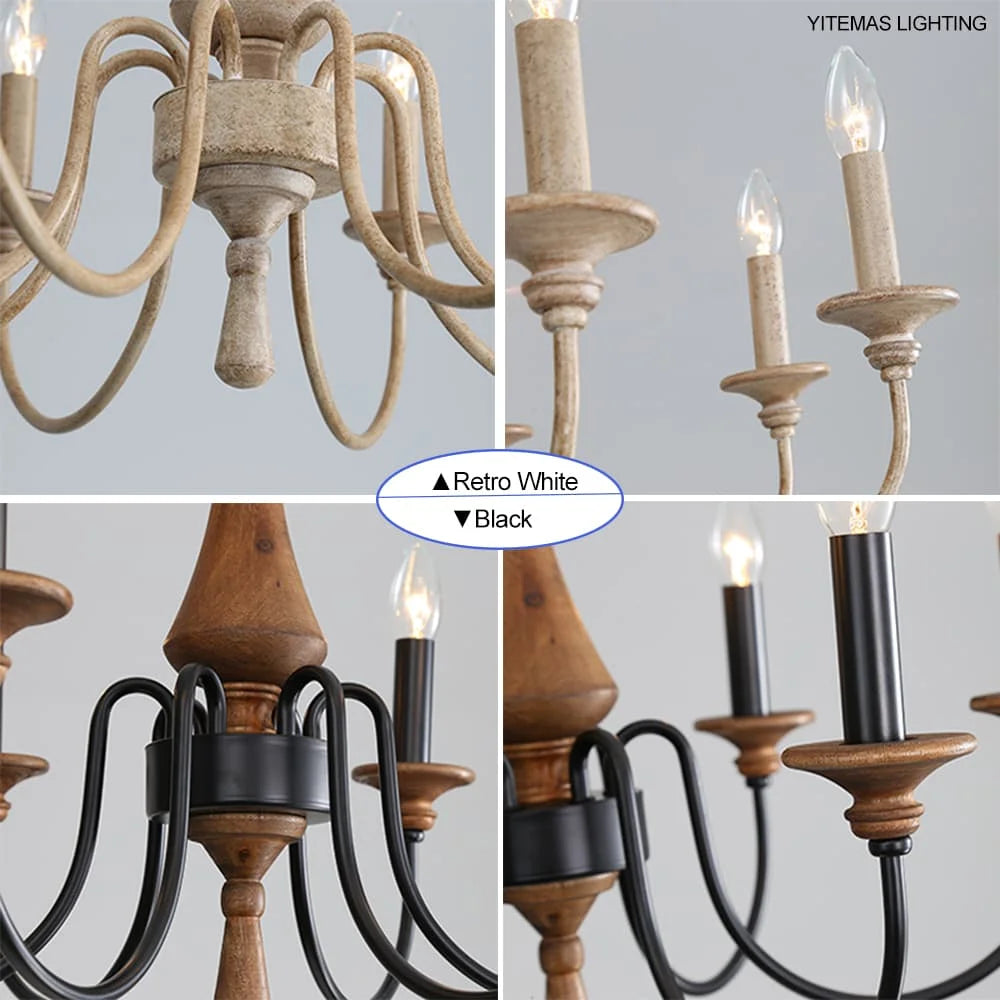 French Vintage Wooden Chandelier – Multi-Light Pendant for Living & Dining Rooms
