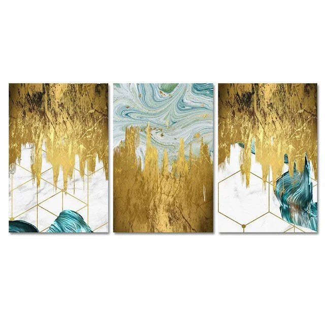 Abstract Liquid Golden Aqua Marble Canvas Wall Art Unframed