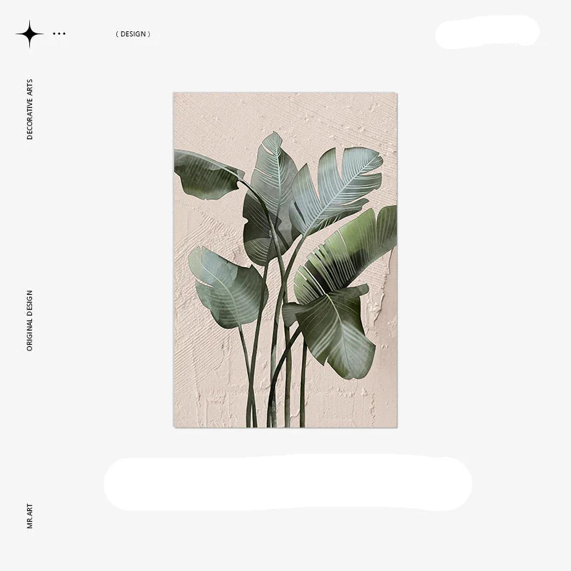 Modern Botanical Green Leaves Canvas Wall Art With Wooden Scroll Frame