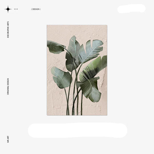 Modern Botanical Green Leaves Canvas Wall Art With Wooden Scroll Frame