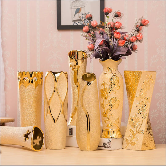 Gold Plated Ceramic Decorative Flower Vase for Home and Events