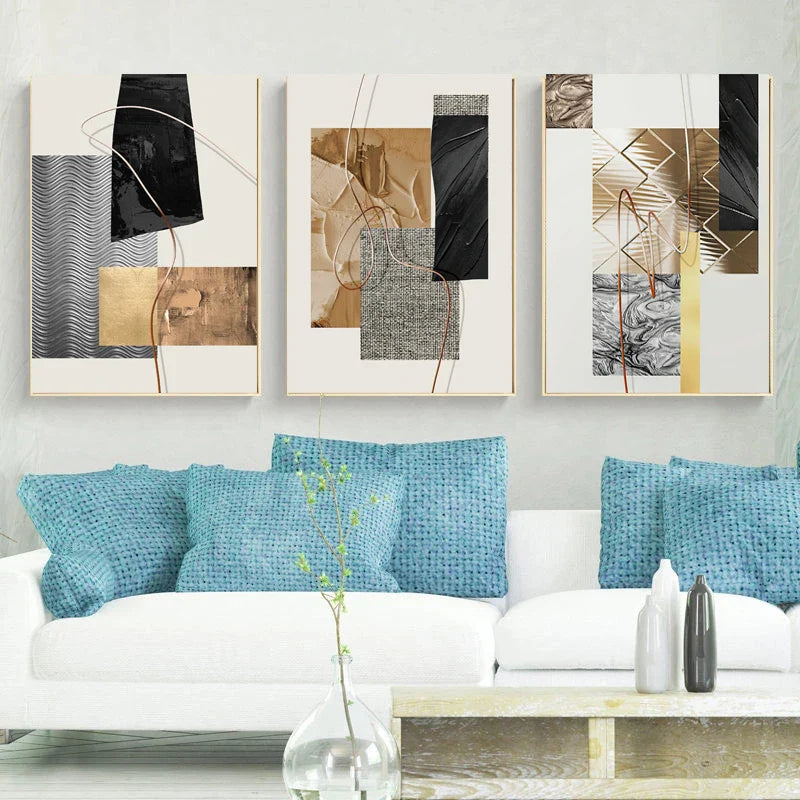Golden Geometric Textural Montage Abstract Canvas Wall Art Unframed