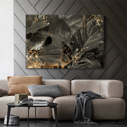 Black Golden Leaves Abstract Botanical Canvas Wall Art Unframed