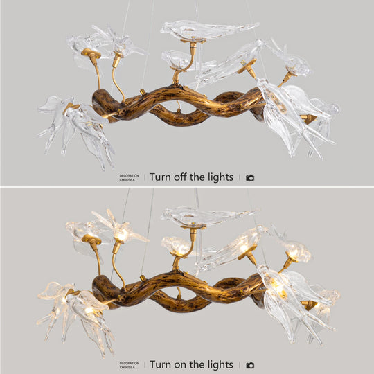 Vintage Round Glass Bird Branch Chandelier for Dining & Living Rooms