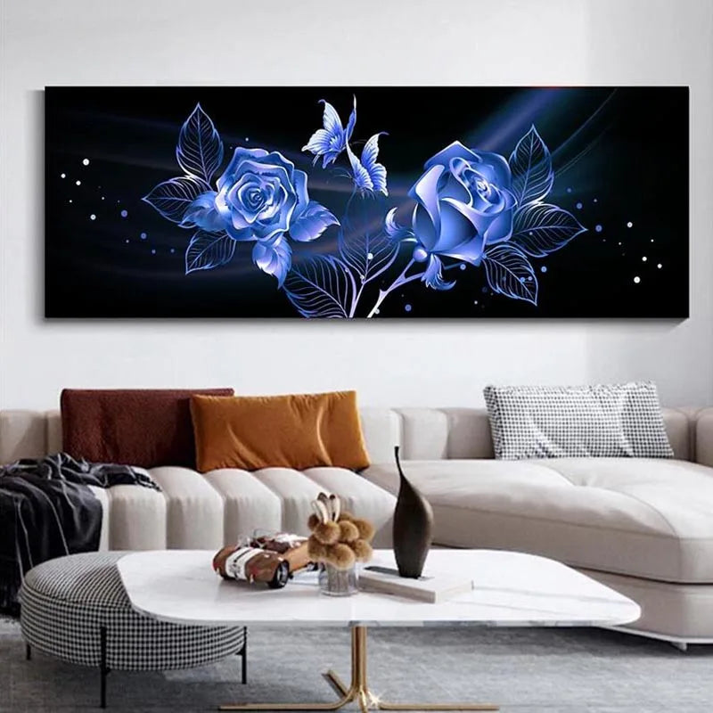 Black Golden Rose Floral Wide Format Canvas Wall Art
