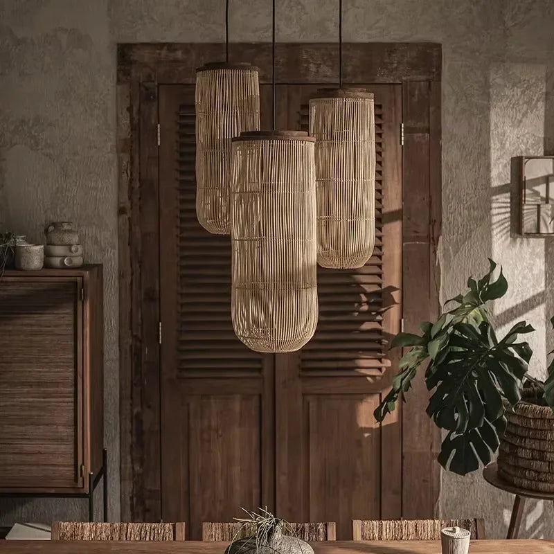 Wabi Sabi Rattan Pendant Light Handwoven Hemp Rope Ceiling Lamp