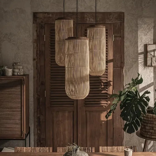 Wabi Sabi Rattan Pendant Light Handwoven Hemp Rope Ceiling Lamp