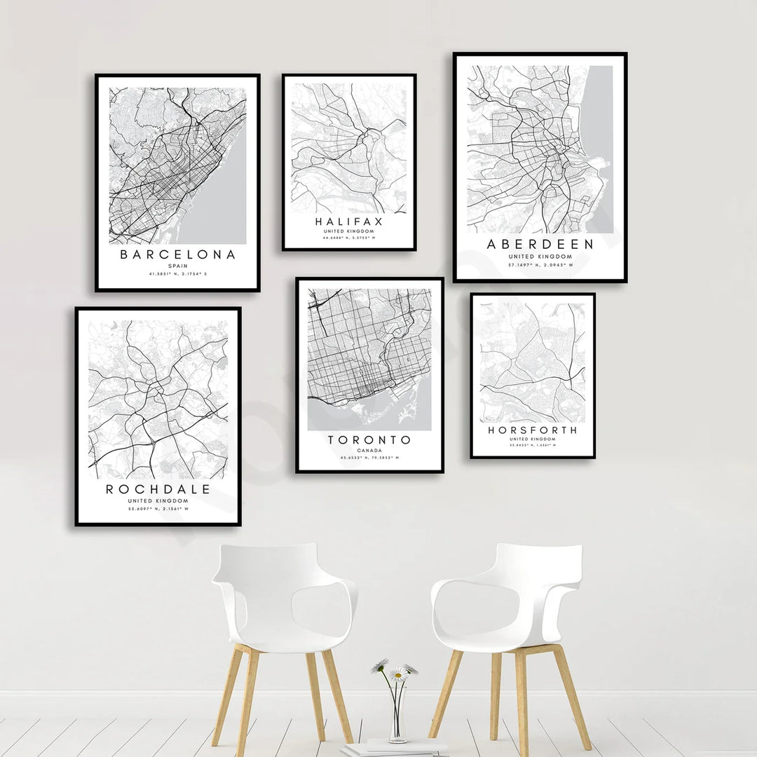 Minimalist Black White City Map Wall Art Canvas Print