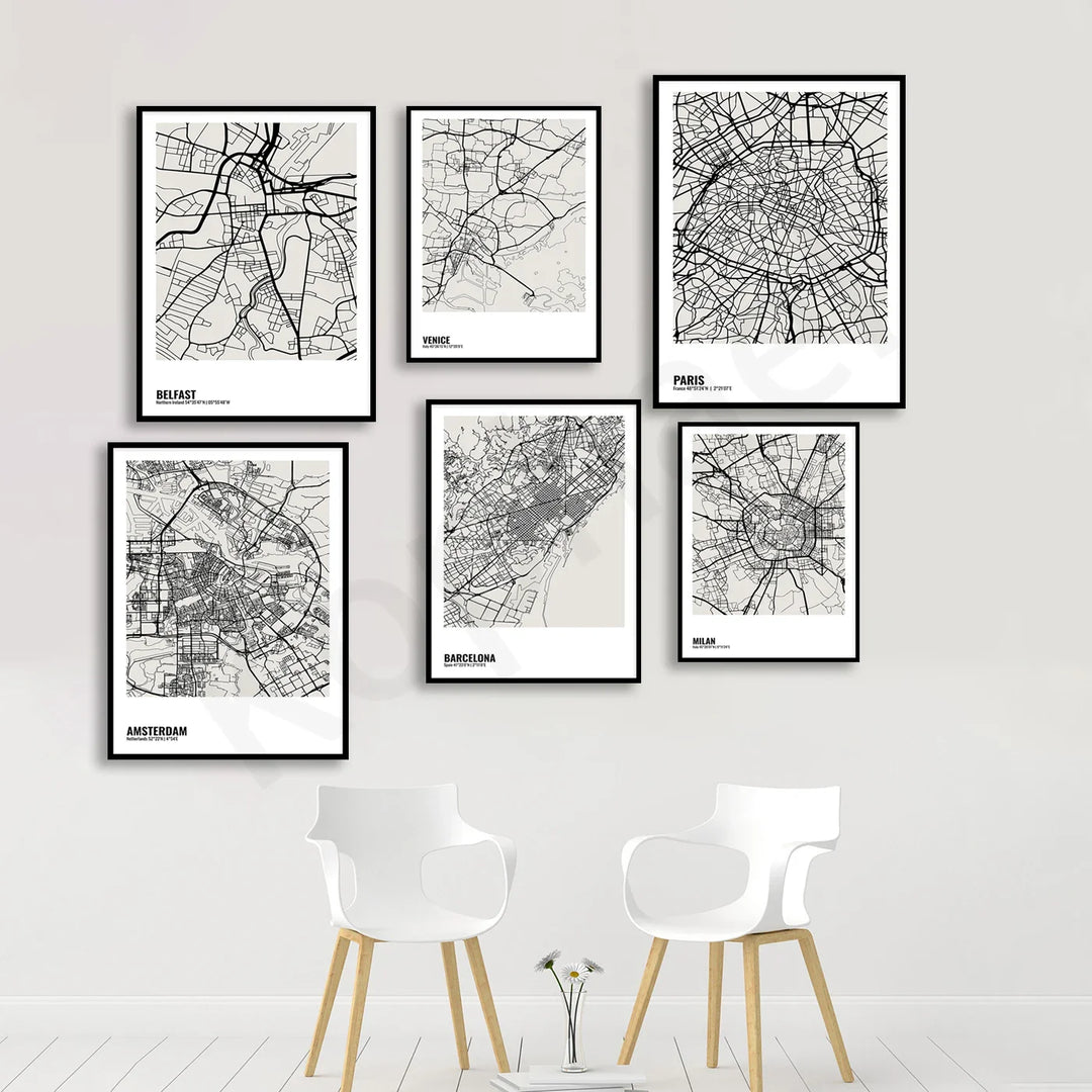 Minimalist Black White City Map Wall Art Canvas Print