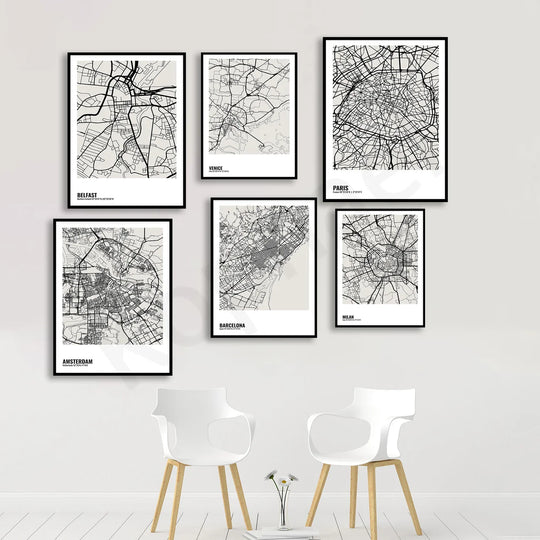 Minimalist Black White City Map Wall Art Canvas Print