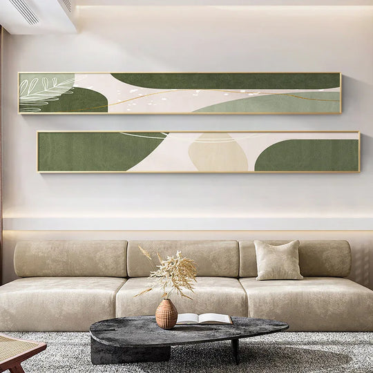 Slim Wide Format Green Beige Abstract Canvas Wall Art