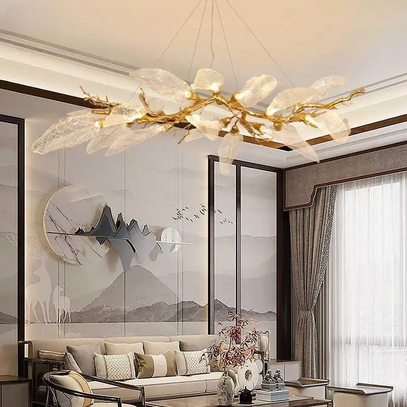 Luxury Copper Branch Chandelier with Artistic Resin Leaves