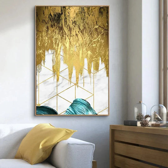 Abstract Liquid Golden Aqua Marble Canvas Wall Art Unframed