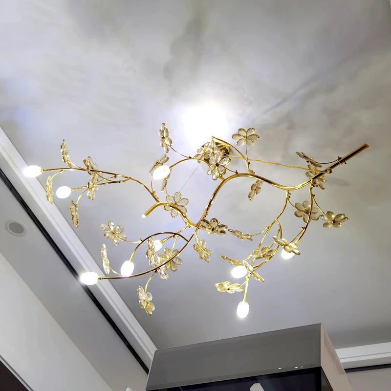 Nordic Modern Luxury Crystal Gold-Plated Branch Chandelier – LED Light