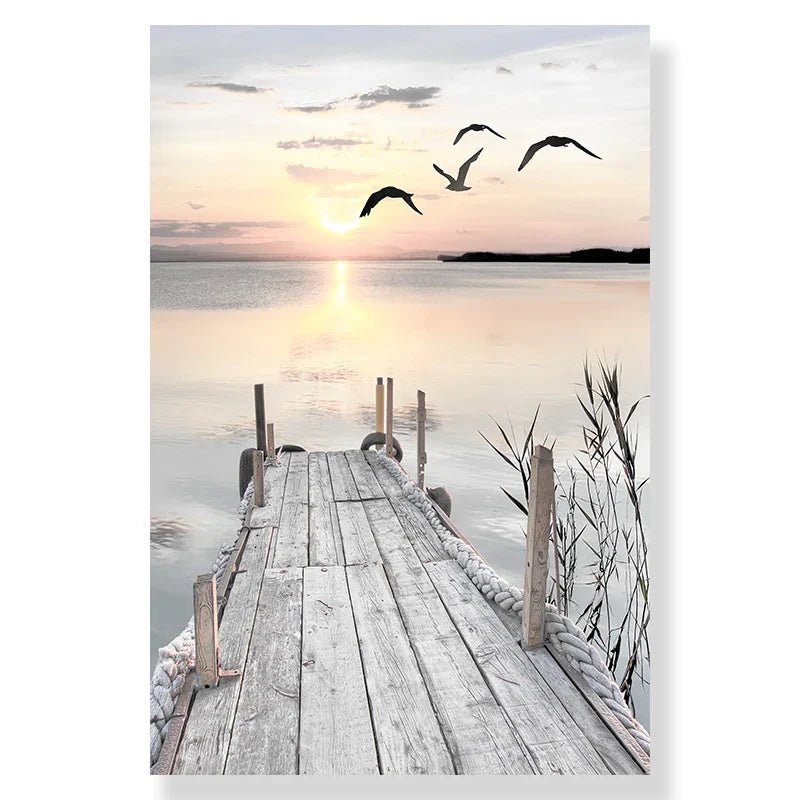 Tranquil Lake Pier Sunset Landscape Canvas Wall Art
