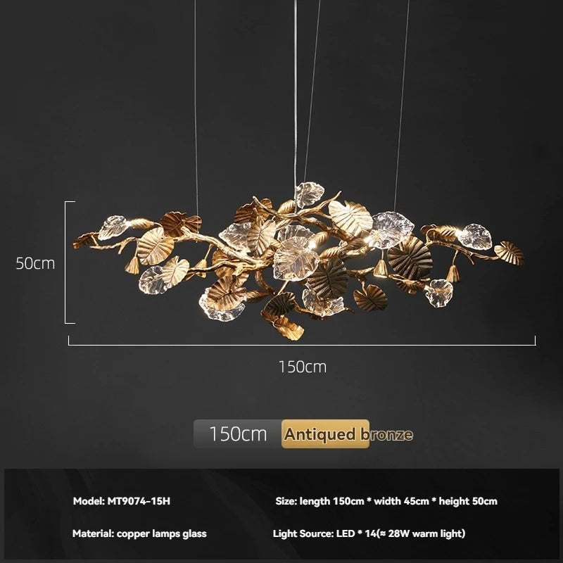 Luxury Copper Branch Chandelier with Leaf Crystal Pendant Lights