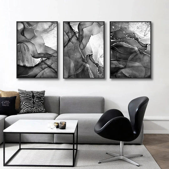 Black White Gray Liquid Marble Abstract Canvas Wall Art Set of 3