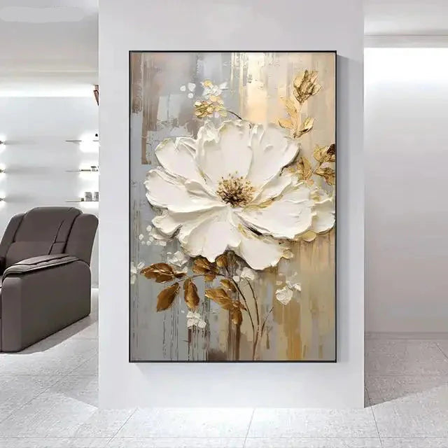 Big White Floral Canvas Wall Art Modern Botanical Decor