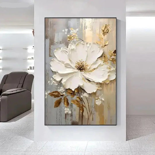 Big White Floral Canvas Wall Art Modern Botanical Decor