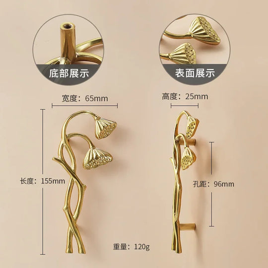 Luxury Brass Flower and Leaf Cabinet Handles – Chinese-Style Decorative Pulls