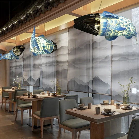 Modern Wooden Big Fish Pendant Light with Bamboo Design