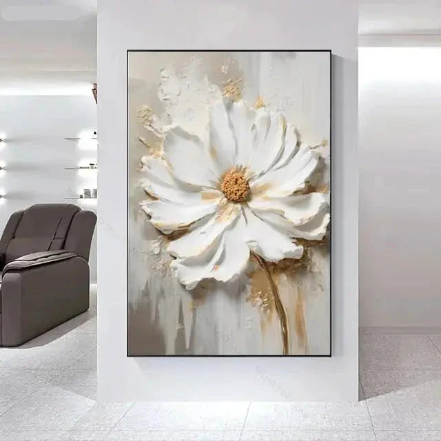 Big White Floral Canvas Wall Art Modern Botanical Decor
