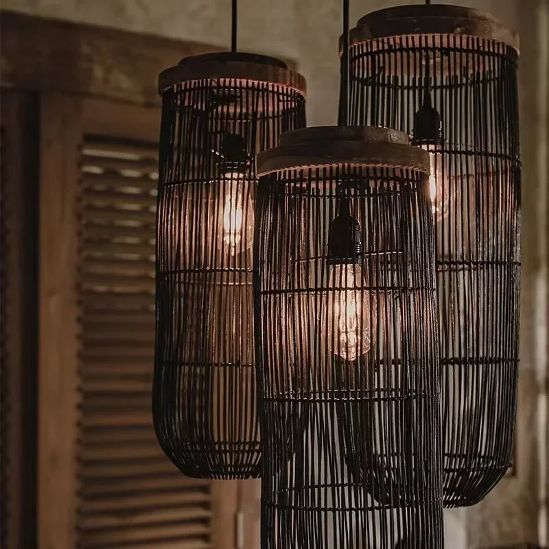 Wabi Sabi Rattan Pendant Light Handwoven Hemp Rope Ceiling Lamp