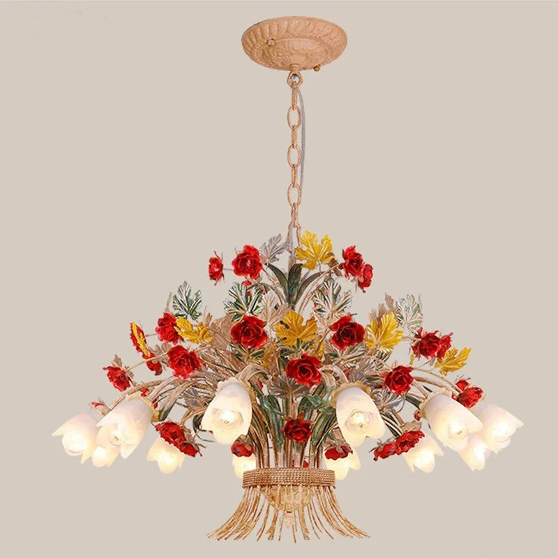 American Retro Glass Flower Chandelier for Living & Dining Room