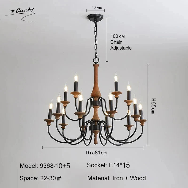 French Vintage Wooden Chandelier – Multi-Light Pendant for Living & Dining Rooms