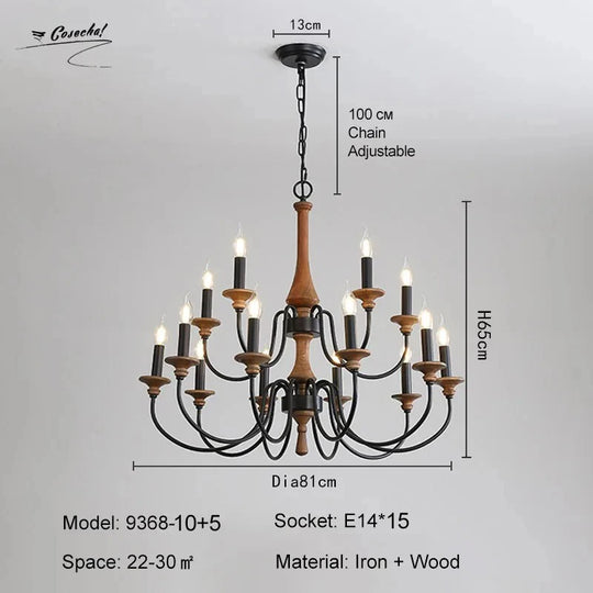 French Vintage Wooden Chandelier – Multi-Light Pendant for Living & Dining Rooms