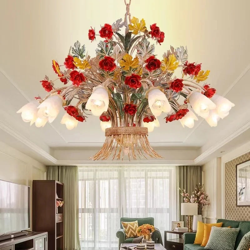 American Retro Glass Flower Chandelier for Living & Dining Room