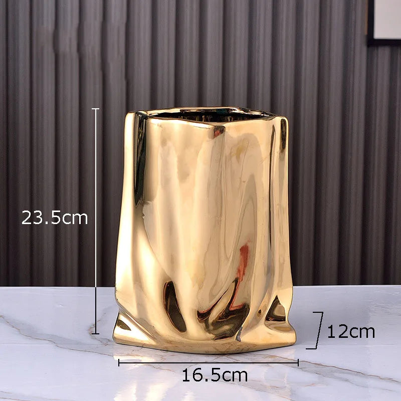 Pleated Texture Gold Plated Ceramic Vase for Desk and Home Decor