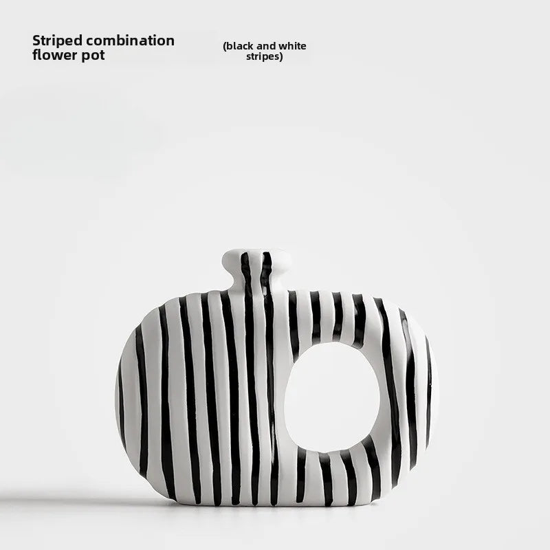 Retro Black and White Striped Ceramic Vase for Living Room Decor