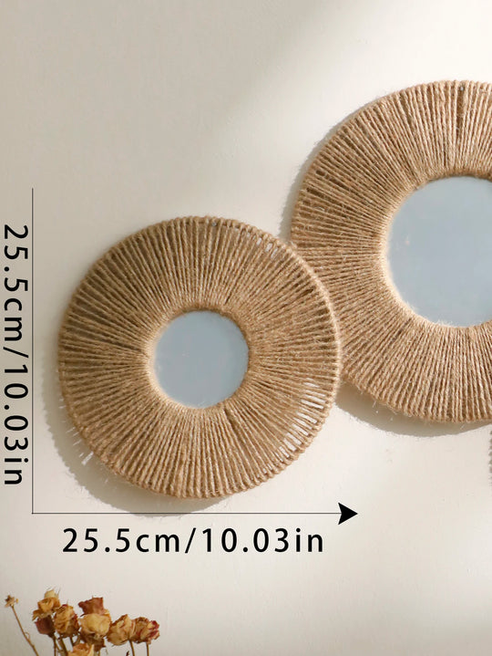Round Hanging Wall Mirror with Woven Hemp Rope Decor