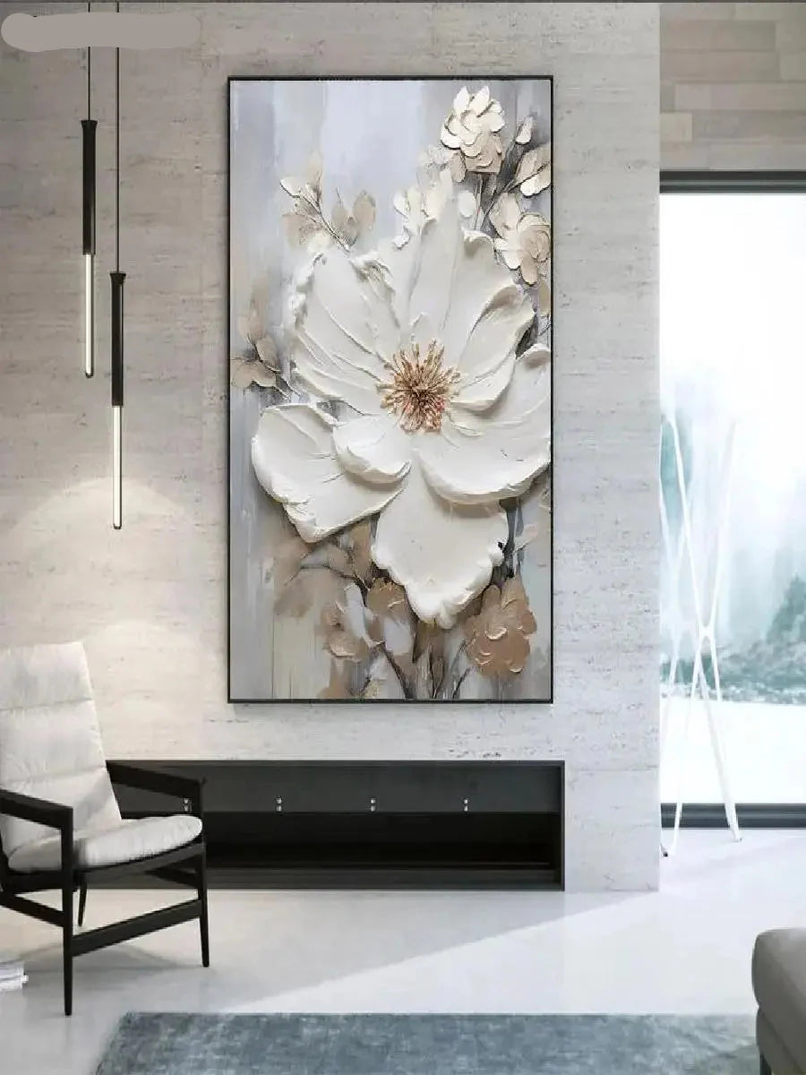Big White Floral Canvas Wall Art Modern Botanical Decor