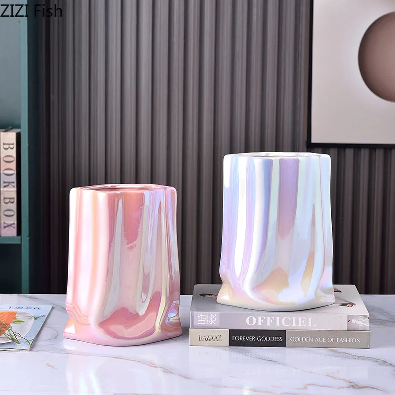 Pleated Texture Gold Plated Ceramic Vase for Desk and Home Decor