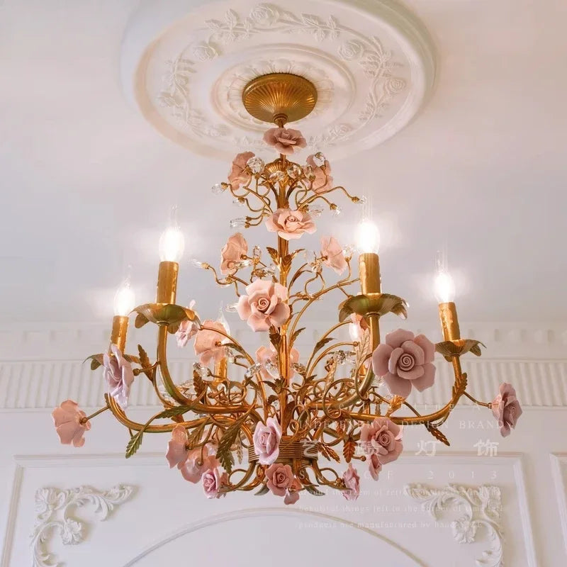 French Retro Pastoral Rose Ceiling Chandelier – Candle Style Lighting