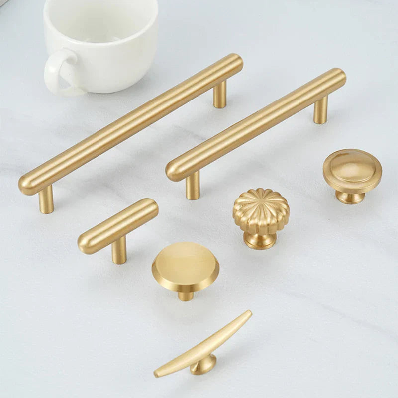 Satin Gold Brass Wardrobe Handles – Modern Pulls and Knobs for Furniture (50–260mm)