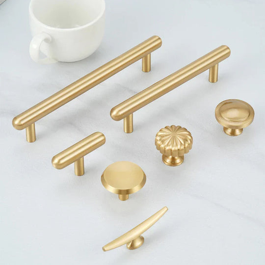 Satin Gold Brass Wardrobe Handles – Modern Pulls and Knobs for Furniture (50–260mm)
