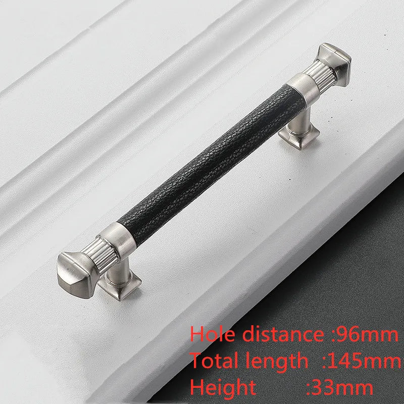 Modern Leather and Zinc Alloy Cabinet Handle – Elegant Pulls for Kitchen, Wardrobe, and Furniture (96mm)