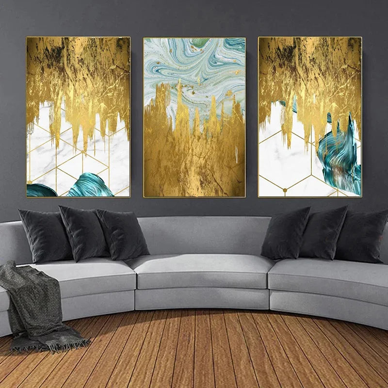 Abstract Liquid Golden Aqua Marble Canvas Wall Art Unframed
