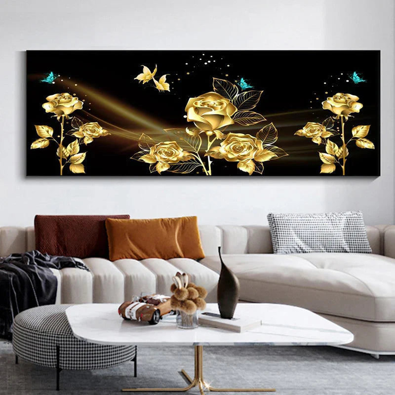 Black Golden Rose Floral Wide Format Canvas Wall Art