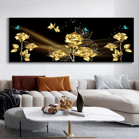 Black Golden Rose Floral Wide Format Canvas Wall Art