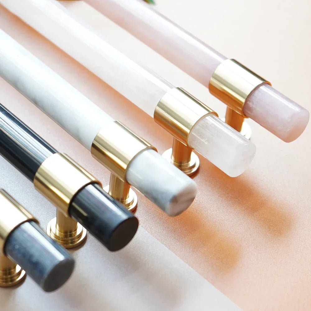 Natural Marble and Crystal T-Bar Cabinet Handles – Modern Brass Knobs and Pulls